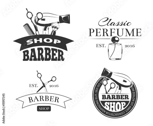 Retro barber shop vector emblem or logo set. Barbershop vintage labels with typography design elements
