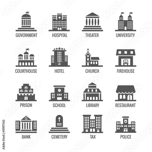 Government, public building vector icons set. Building icon set public and architecture building government city illustration