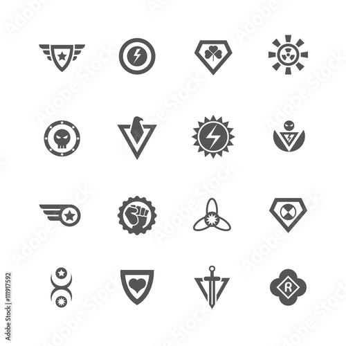Superheroes vector badges. Protect and power superhero logo templates