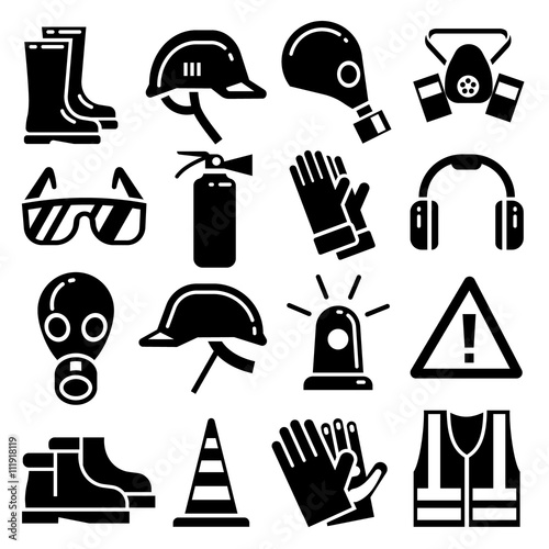 Personal protective equipment vector icons set. Helmet protection, mask and glove for work and protection illustration