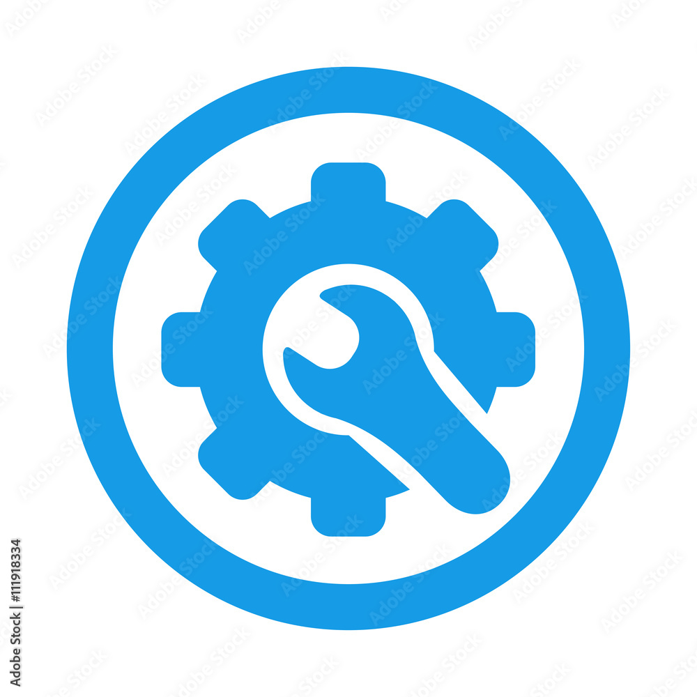 Icono plano llave en engranaje en circulo color azul Icono plano llave en engranaje en circulo color azul