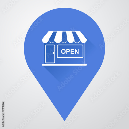 Icono plano localizacion con tienda con sombra