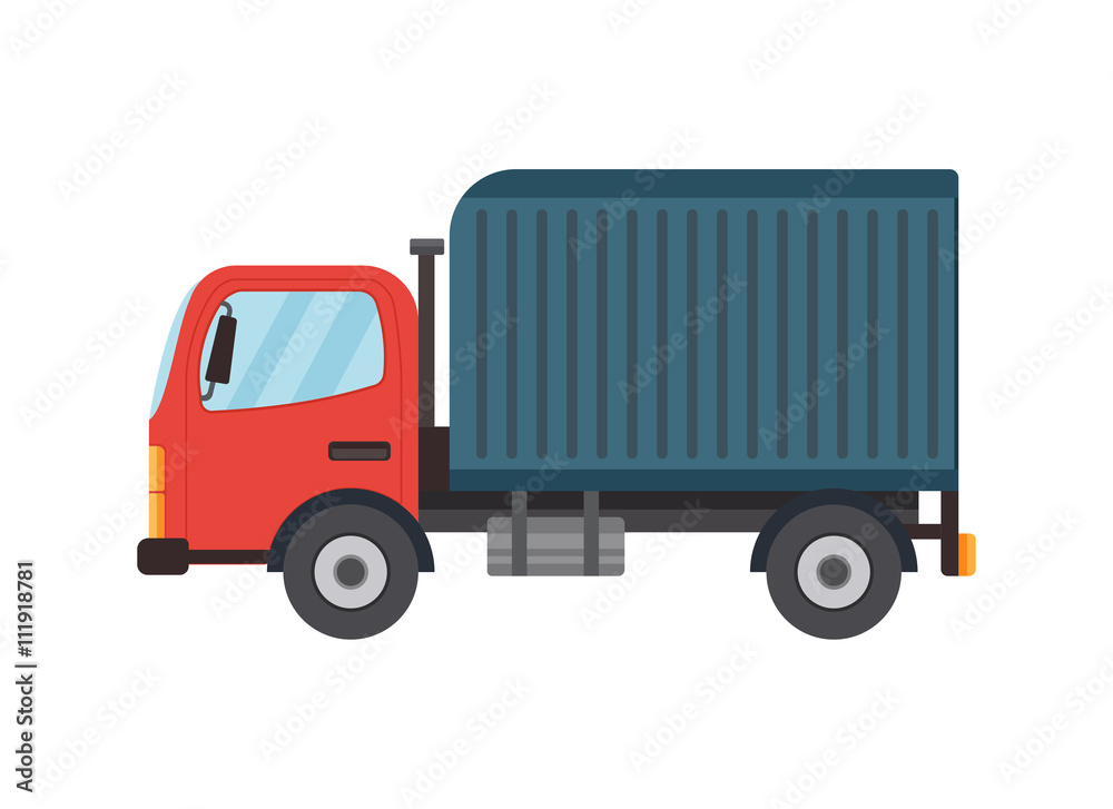 Delivery flat style vector truck illustration. Isolated on white. Side view. Logistics and delivery vehicle trendy style icon.
