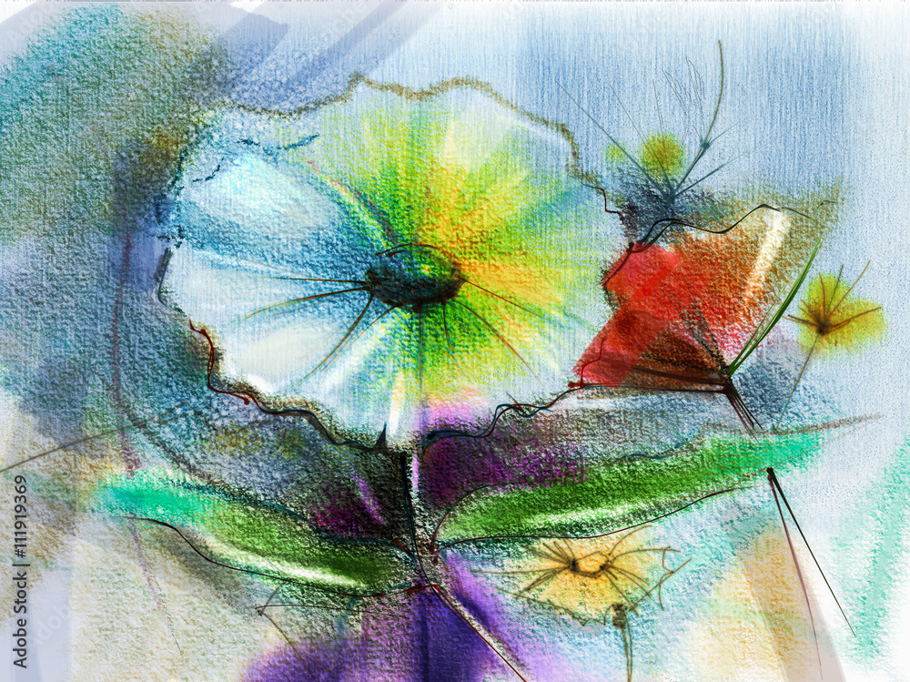Obraz premium Abstract flower watercolor painting. Hand paint still life of Yellow, Pink, Red color daisy- gerbera floral in soft color on white, blue, green color background. Spring flower nature background