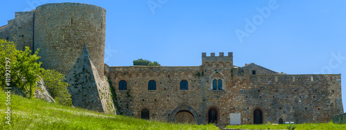 chart of the Bovino Castle, province of Foggia, seen with low angle to the level lawn in front