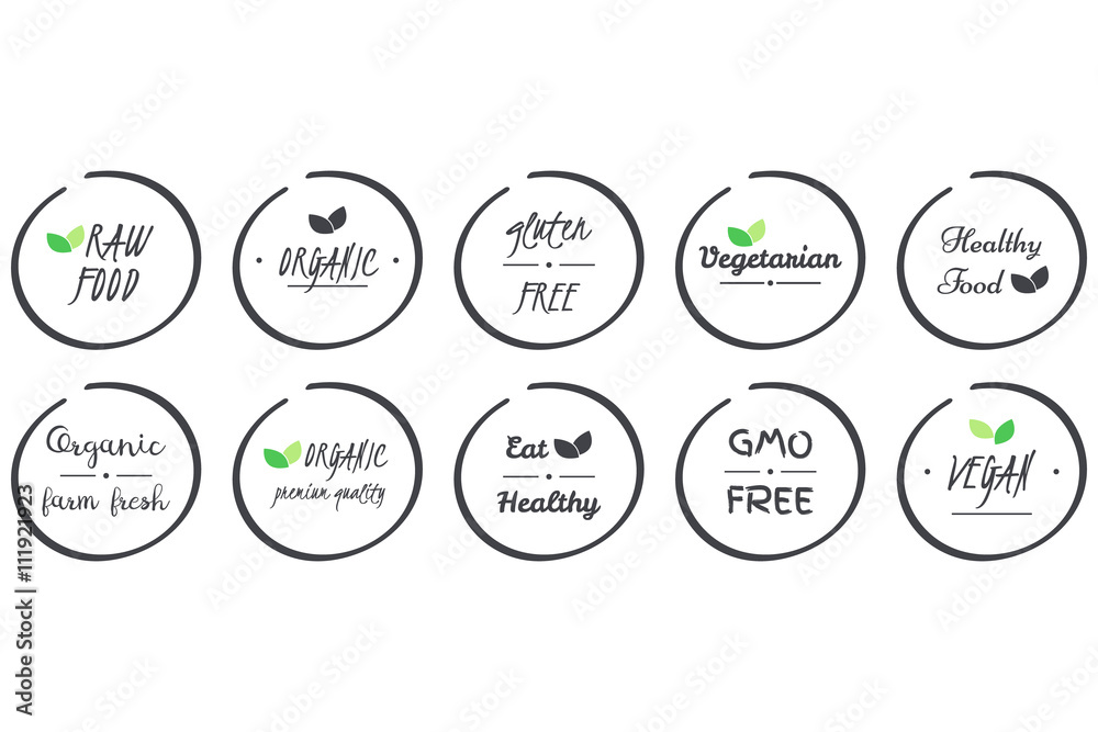 vector set of  icons of Organic, Healthy, Vegan, Vegetarian, Raw, GMO, Gluten free Food, grey circle logo symbols on white background - obrazy, fototapety, plakaty 