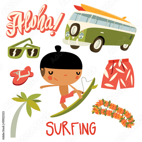 hawaii surfer boy set. hippie bus, aloha, sunglasses and flower wreath set.