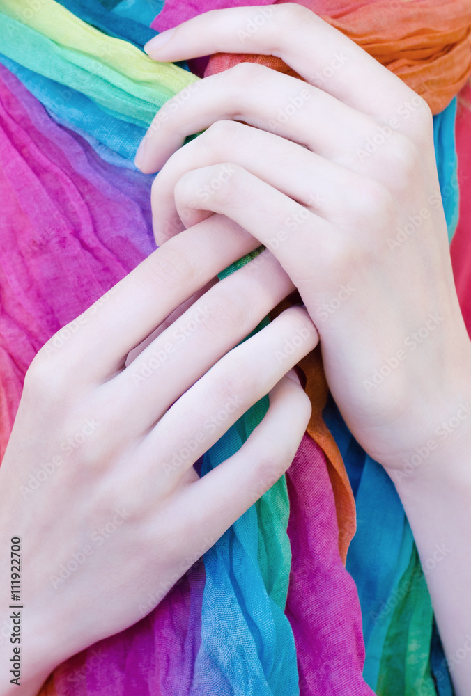 Fototapeta premium Woman elegant thin hands and long fingers holding scarf