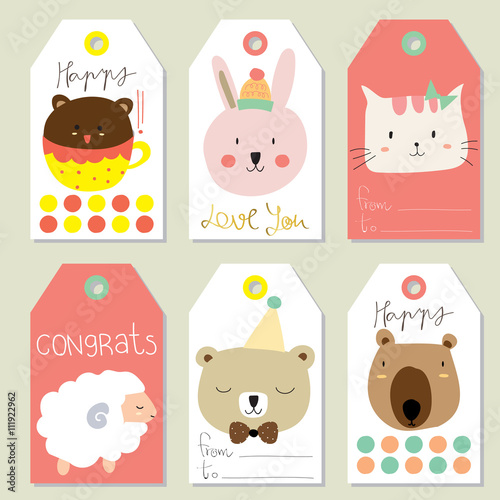 Light pink yellow tag sale on summer with bear,sheep,cat and rab © piixypeach
