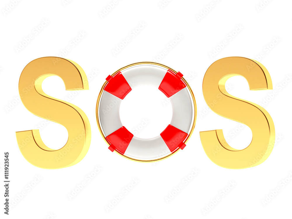 Word SOS with lifebuoy isolated on white background. Word SOS with lifebuoy isolated on white background.