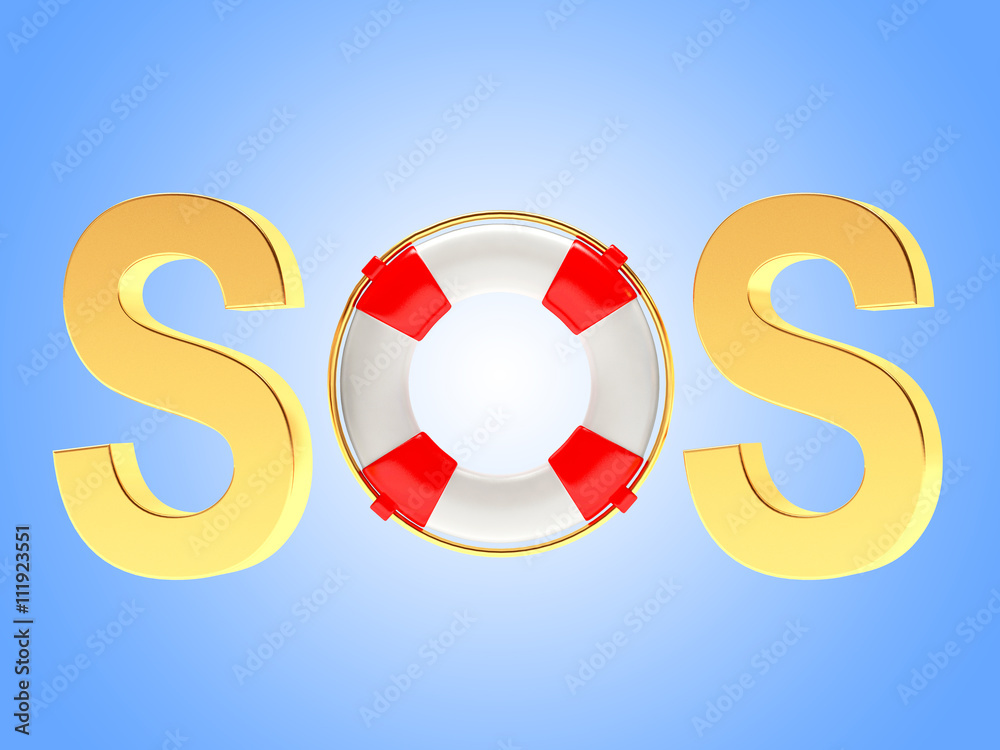Word SOS with lifebuoy on blue background. Word SOS with lifebuoy on blue background.