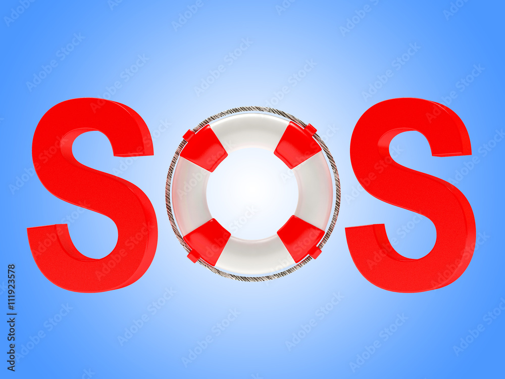 Word SOS with lifebuoy on blue background. Word SOS with lifebuoy on blue background.