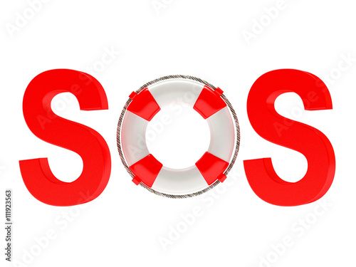 Word SOS with lifebuoy isolated on white background.