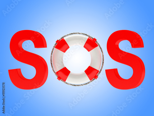 Word SOS with lifebuoy on blue background. 