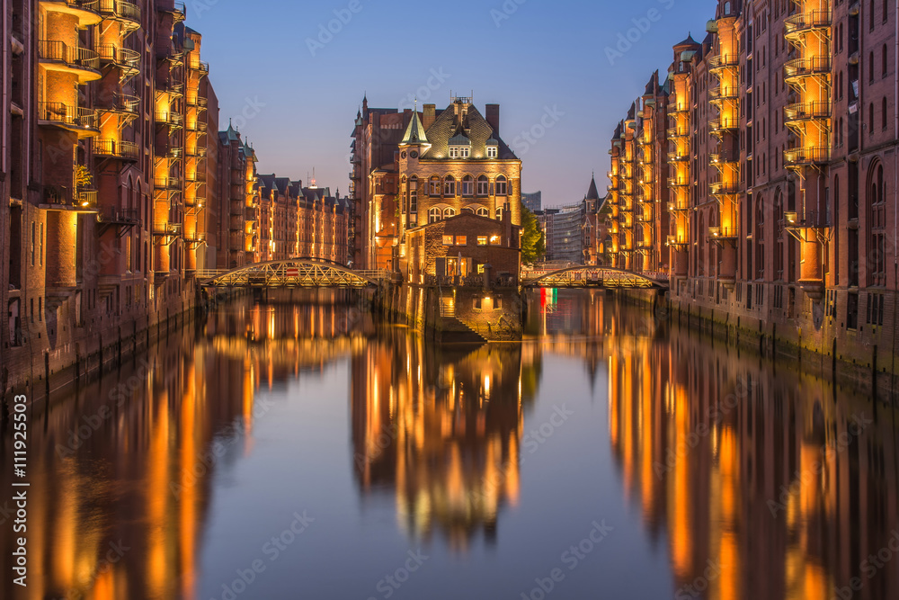 Hamburg city of warehouses palace at night
