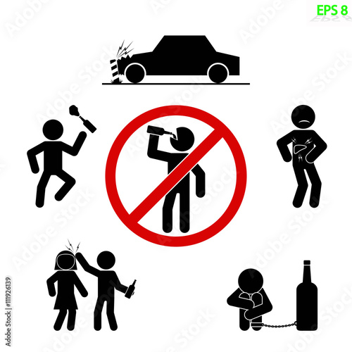 set of illustrations about the dangers of alcohol. Vector, Eps 8