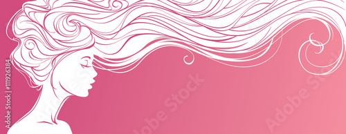 Vector illustration. Beautiful silhouette of long hair woman on pink background. Concept design for beauty salons, spa, cosmetics, fashion and beauty industry. photo