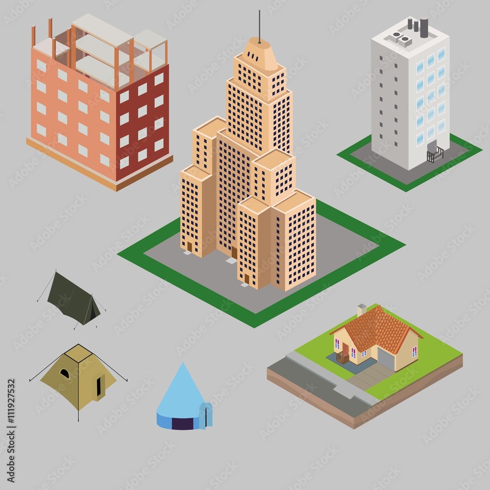 Set of different isometric houses: skyscraper, village house, downtown building, tents