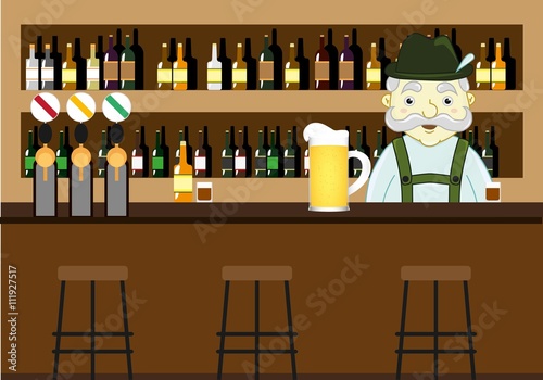 Beer pub with counter, bar chairs and mustached bartender