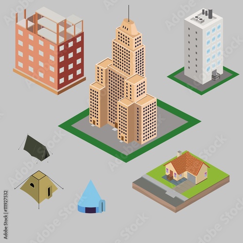 Set of different isometric houses  skyscraper  village house  downtown building  tents