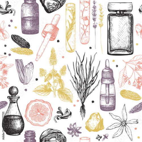 Seamless pattern with hand drawn perfumery and cosmetics materials sketch. Organic and floral perfume ingredients background. Vintage illustration