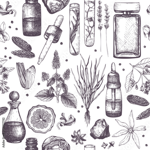 Seamless pattern with hand drawn perfumery and cosmetics materials sketch. Organic and floral perfume ingredients background. Vintage illustration