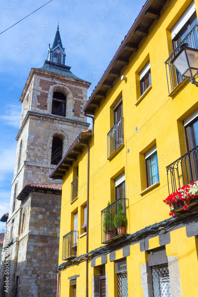 Typical beautiful and colorful buildings in the city of Llanes spain