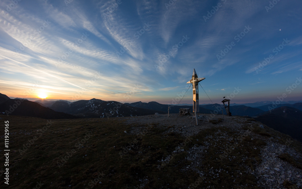 Obraz premium Sunrise Hiking To Top Of Predigerstuhl 2.170. In The Nocky Mountains Of Carinthia Austria