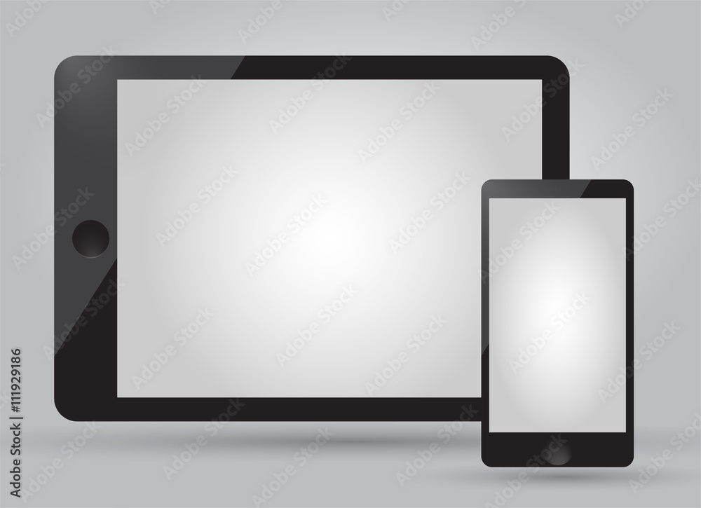 Modern digital tablet PC with mobile smartphone isolated on grey Modern digital tablet PC with mobile smartphone isolated on grey