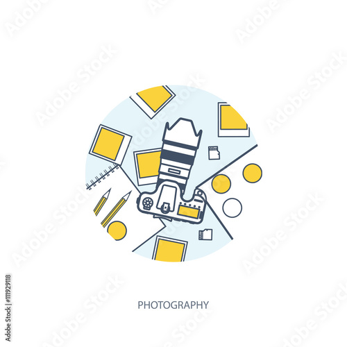 Photographer equipment on a table. Photography tools, photo editing, photoshooting flat background. Digital photocamera with lens. Vector illustration. Wood. Wooden. Lined, outline.