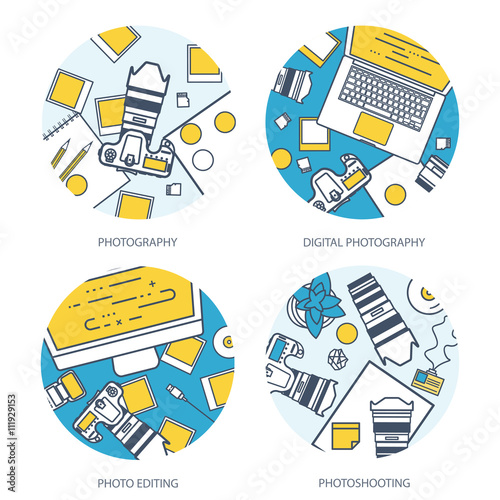 Photographer equipment on a table. Photography tools, photo editing, photoshooting flat background. Digital photocamera with lens. Vector illustration. Wood. Wooden. Lined, outline.