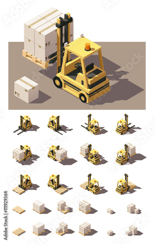 Vector isometric forklift with crates and pallets icon set