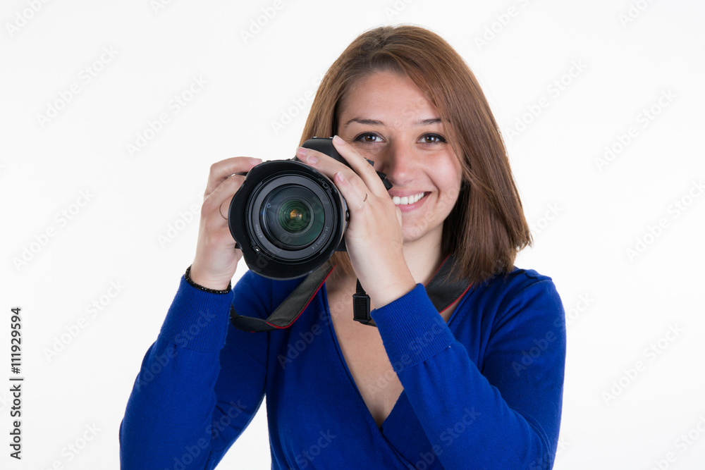 Female Photographer Shooting You isolated on white Female Photographer Shooting You isolated on white