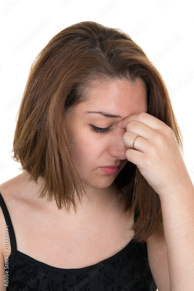 Brunette having headache on white background Brunette having headache on white background