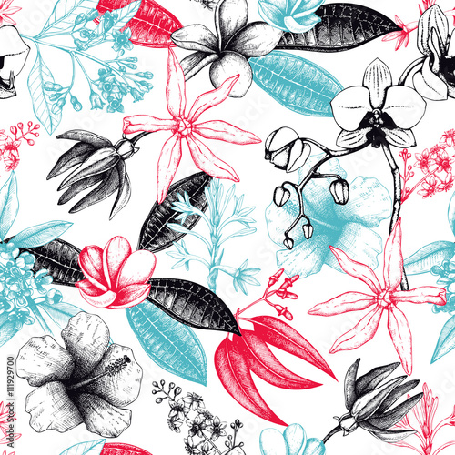Seamless pattern with hand drawn exotic plants. Tropical flowers and leafs background. Exotic flowers sketch. Vintage summer design with tropical plants. Exotic plants illustration.