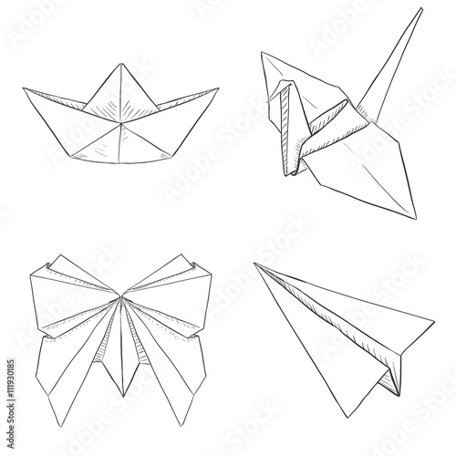 Vector Set of Origami Objects: Plane, Boat, Butterfly, Crane.