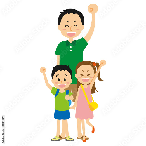 エイエイオーをするお父さんと子ども