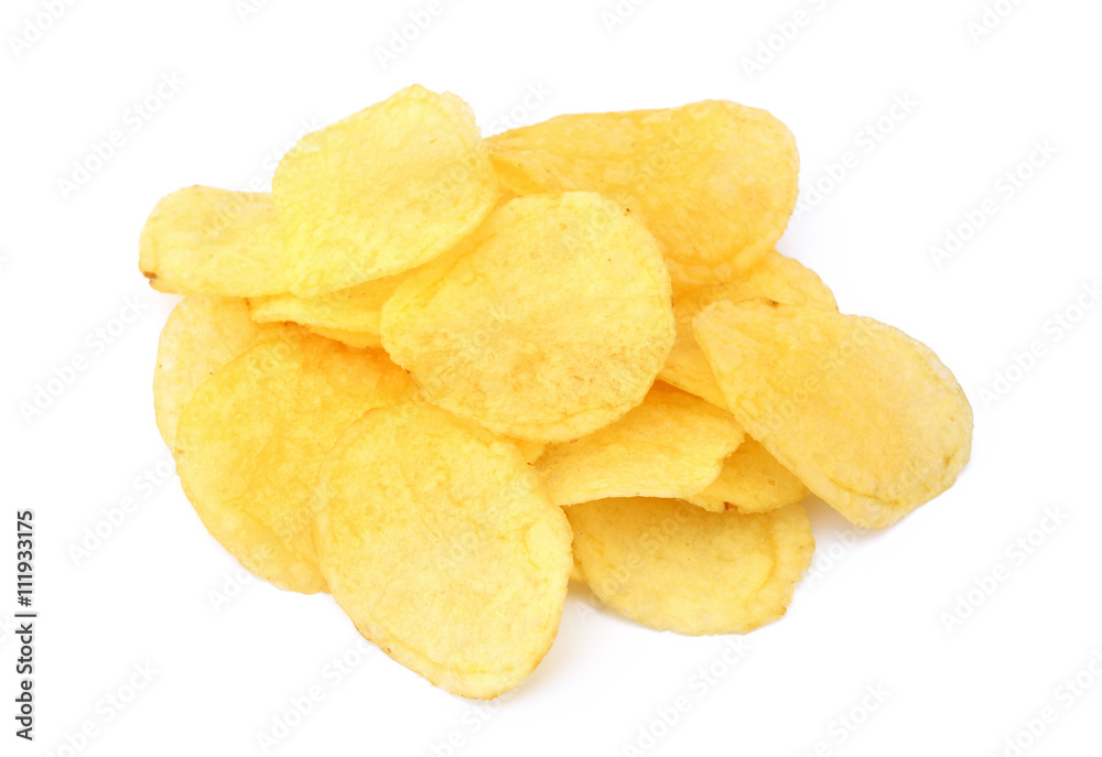 Fried salted potato chips isolated on white background