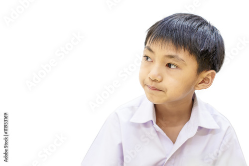 A boy looking on a white background