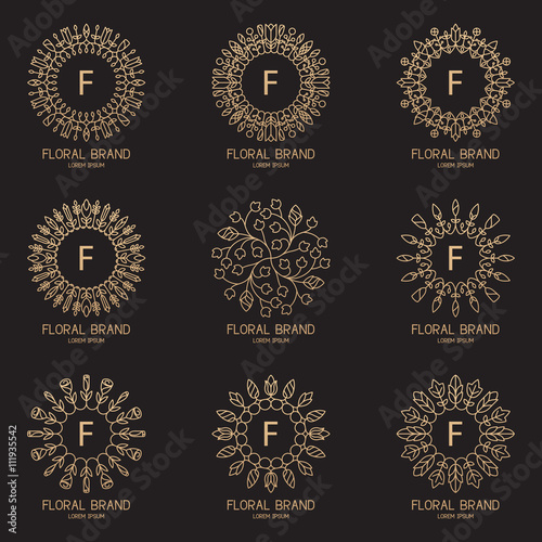 Set of logos in trendy linear style. Golden labels with frame from floral ornament. Logotypes for fashion, beauty, spa, hotel and jewelry industry.