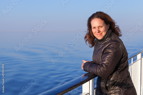 Caucasian woman on the deck of cruise ship