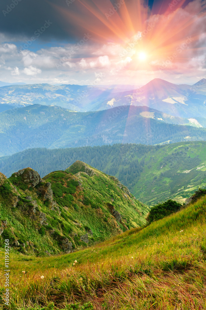 Obraz premium Sunny summer scene in the mountains with blue sky.