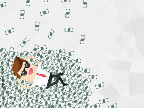 businessman lying down with legs crossed on the big pile of money and getting a lot of money falling from sky with copy space