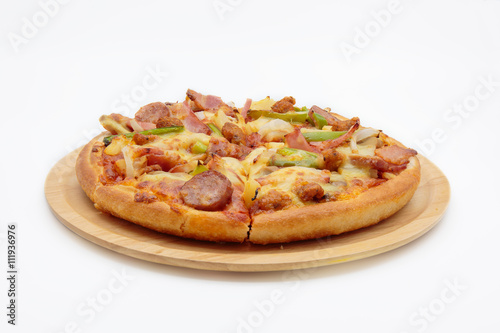Pizza on a wooden tray.