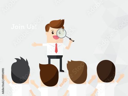 businessman look through magnifying with choose person for join company or team. headhunter, human and recruitment. finding best employee for promote. check, audit, monitoring