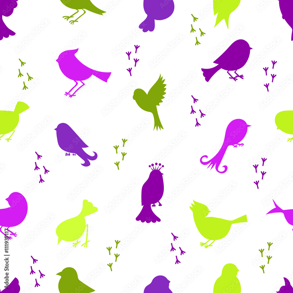 Fototapeta premium Seamless pattern with birds silhouettes in purple and green. Cartoon birds silhouettes isolated on white background. Vector wallpaper. 