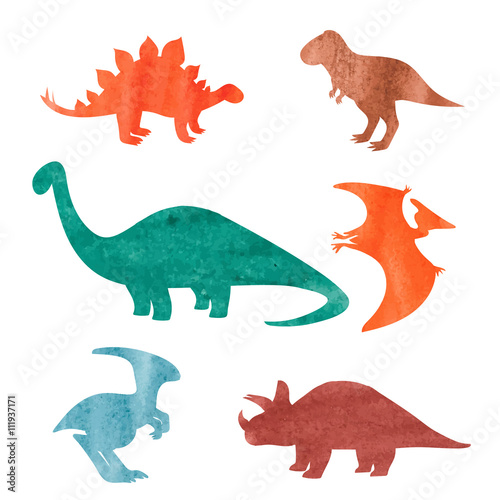 Fototapeta Naklejka Na Ścianę i Meble -  Watercolor dinosaurs set. Colorful silhouettes of dinosaurs isolated on white background. Vector illustration. 