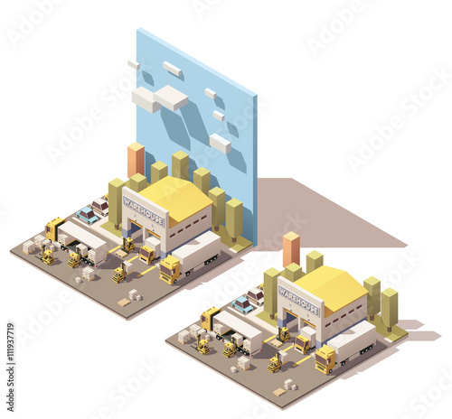 Vector isometric warehouse building icon with trucks loaded by forklifts