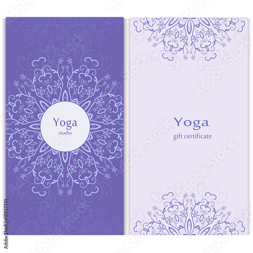 Yoga gift certificate. Vector template with mandala for design