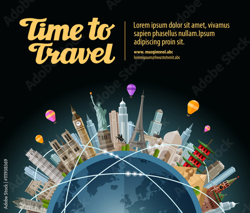 Trip to world. Travel. Landmarks on the globe. Tourism or vacation